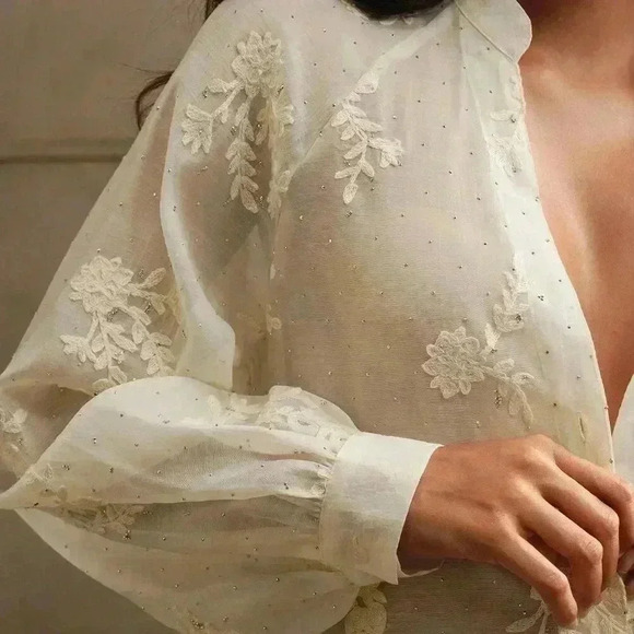 Apricot Elegant Women's V-Neck Lantern Sleeve Rhinestone Holiday Shirt - Picture 6 of 6